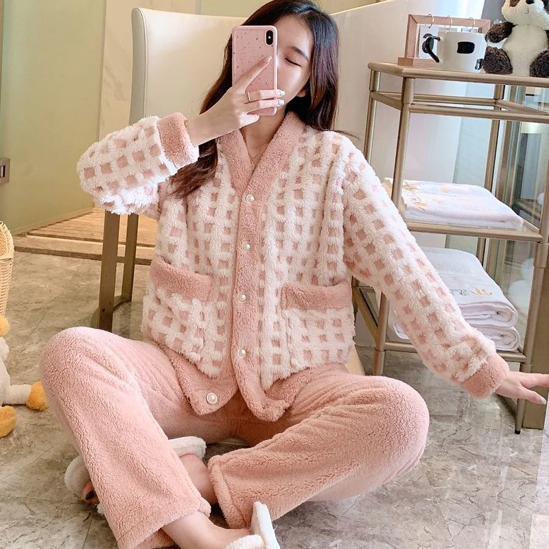 

Plaid Women Pajamas Set Winter Fleece Sleepwear 2 Piece Pant Pocket Home Suit Fluffy Piiama Warm V-neck Fashion Night Wear