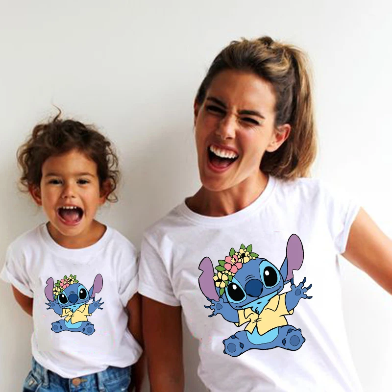 Family Look Disney Stitch T Shirt Mother and Kids Matching Outfits Fashion Streetwear Mom and Daughter Son Family Clothes Tops 3