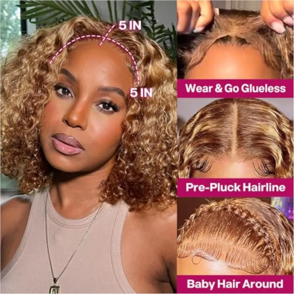 Deep Wave Bob Wig Human Hair Glueless Highlight 5x5 HD Lace Front 220% Density 4/27 Colored Ombre Wear and Go Human Hair Wigs 2