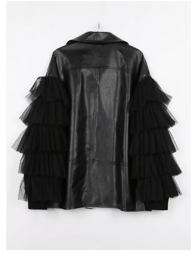 Description Picture 6 of itemNerazzurri Spring Autumn Loose Black Faux Leather Jacket Women with Lace Long Sleeves Zipper Belt Luxury Elegant Fashion 2022