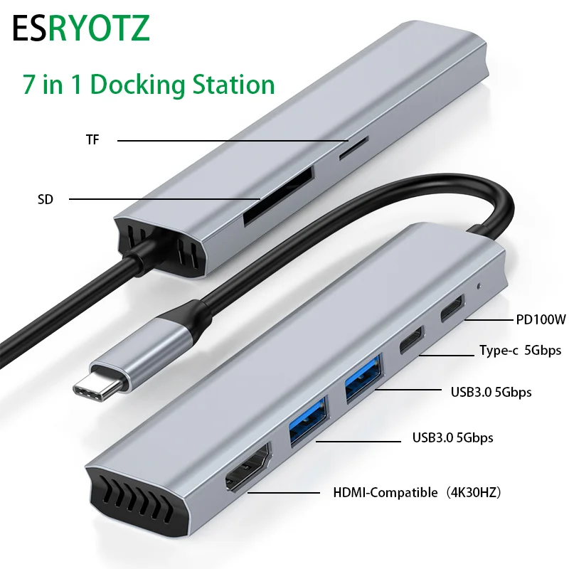 

Type-C 7 IN 1 Docking Station USB-C To 4K HDMI-Cpmpatible USB-A TF SD hub PD 100W 5Gbps High Speed Transmission for computer