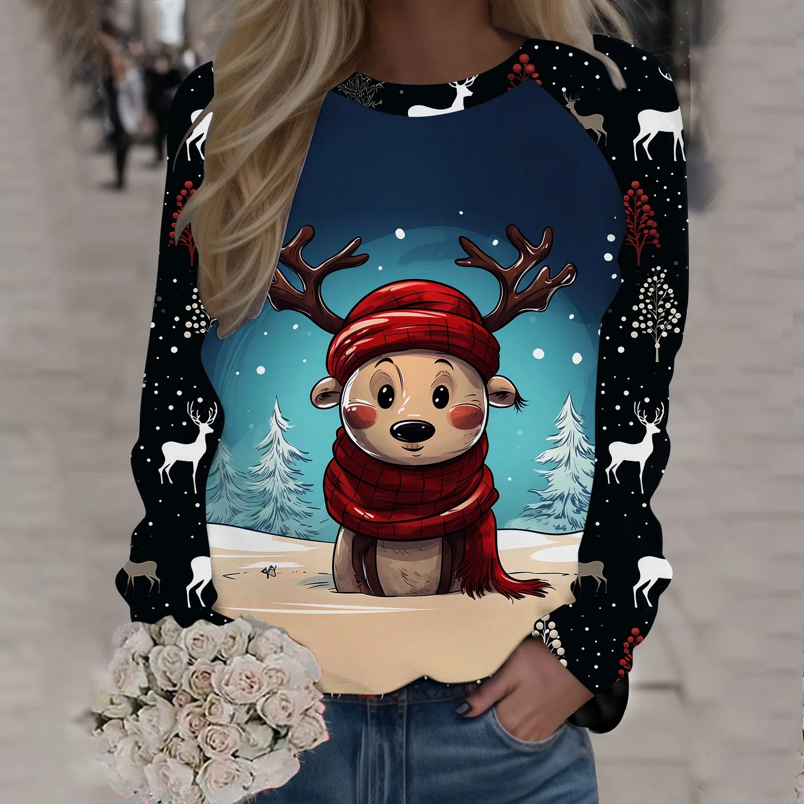 

Fall Shirt Ms Christmas Deer Head Printing Head Round Neck Long Sleeve Fashion Leisure Ladies Long Sweaters Leggings