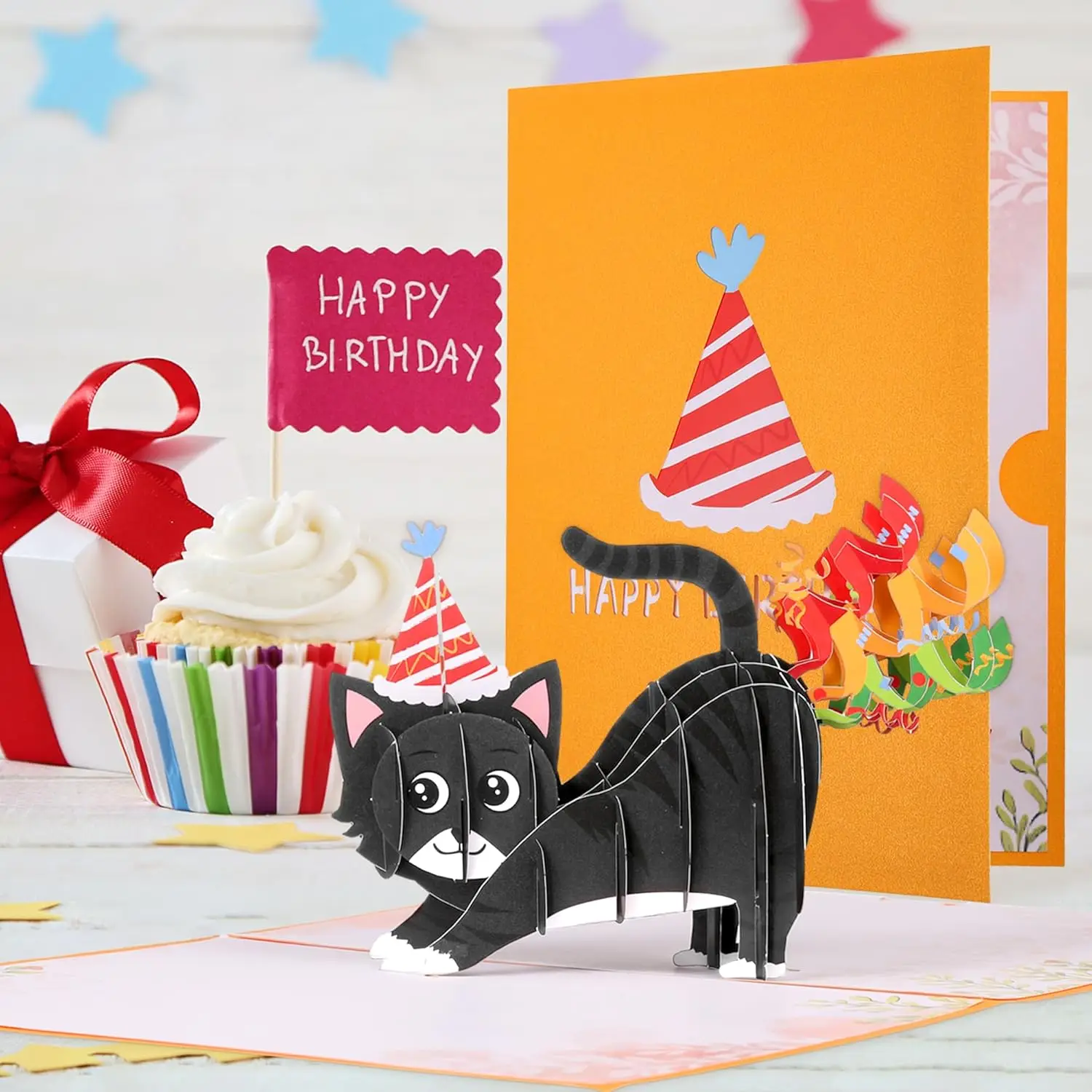 Funny Cat Farting Confetti 3D Pop Up Birthday Card, 7" x 5.1"-Includes Envelope and Note Label, Perfect for Birthday, Festival