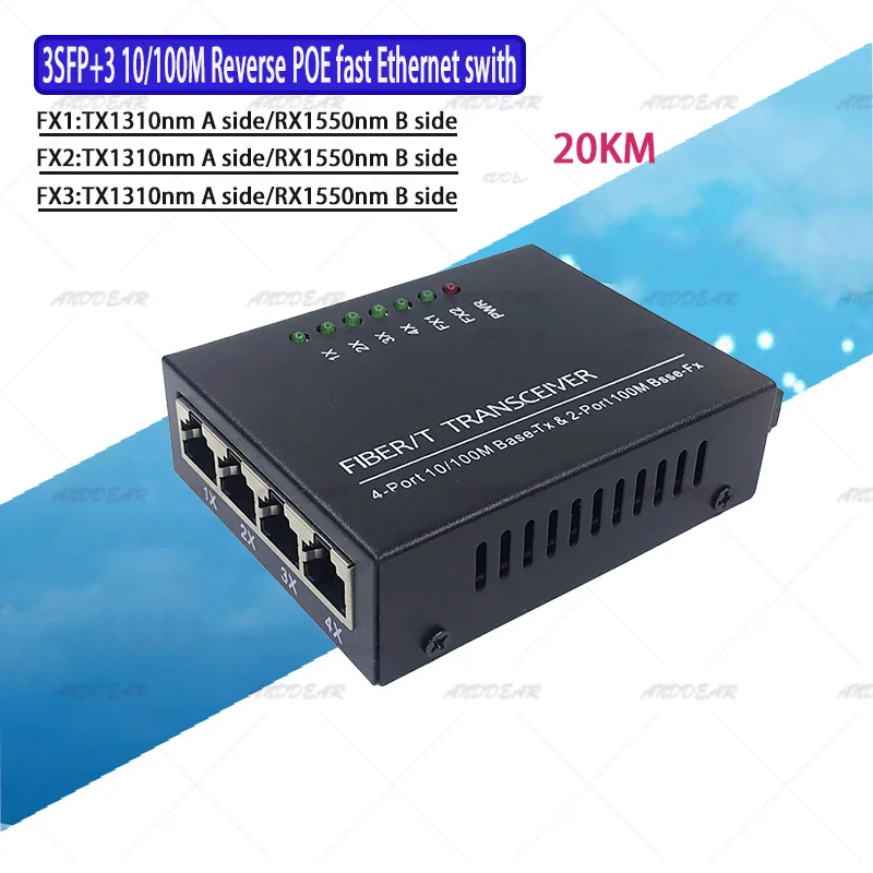 

3SC3UTP Reverse Fast Erhetnet 10/100M Ethernet Switch 3 Fiber Port SC 20KM3UTP RJ45 FiberOptical Switch PCBA with Adapter