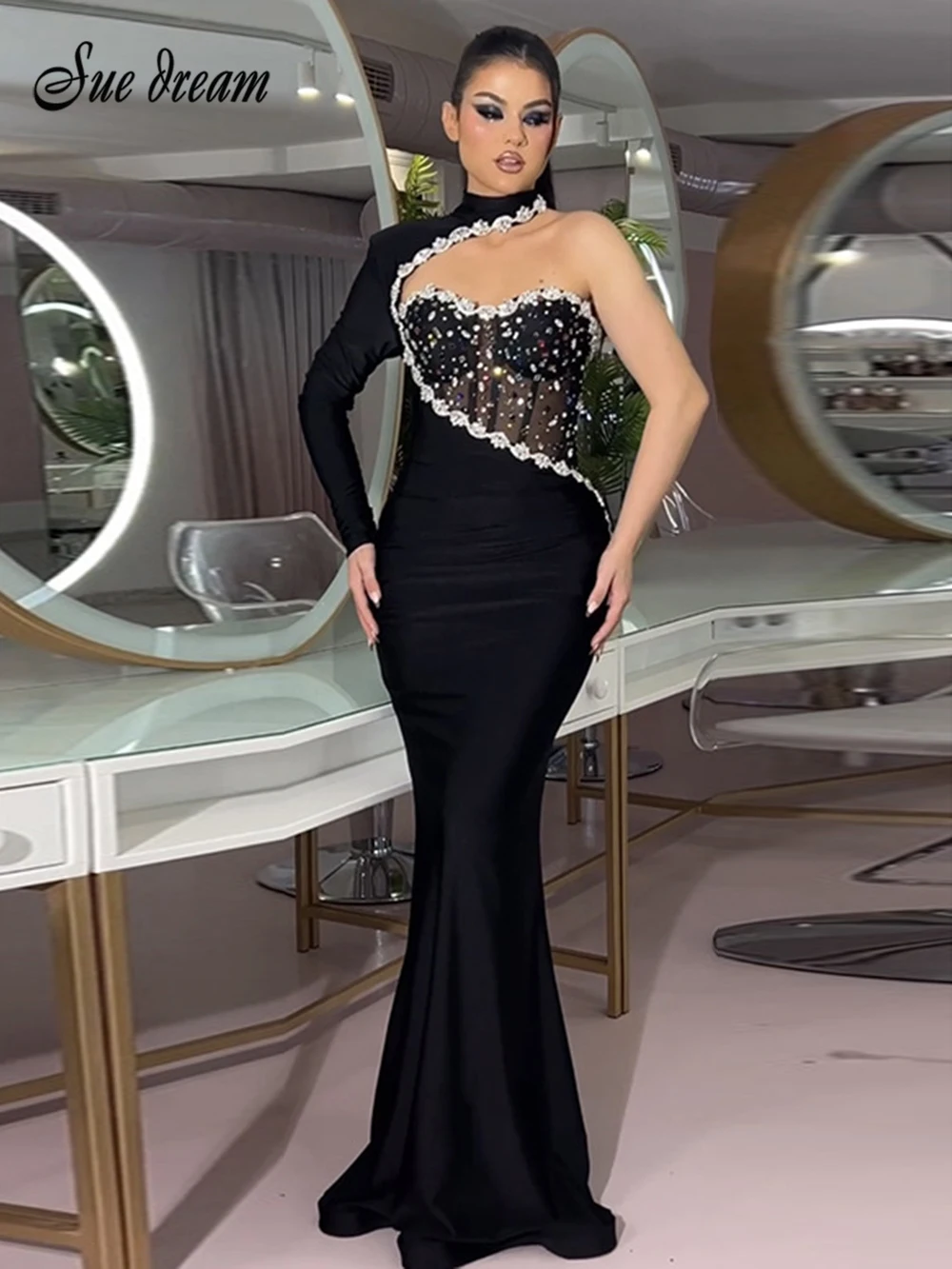 

2024 Summer New Women's Sexy One Shoulder Long sleeved Diamond Heavy Industry Bandage Mermaid Long Dress Bodycon Celebrity Dress