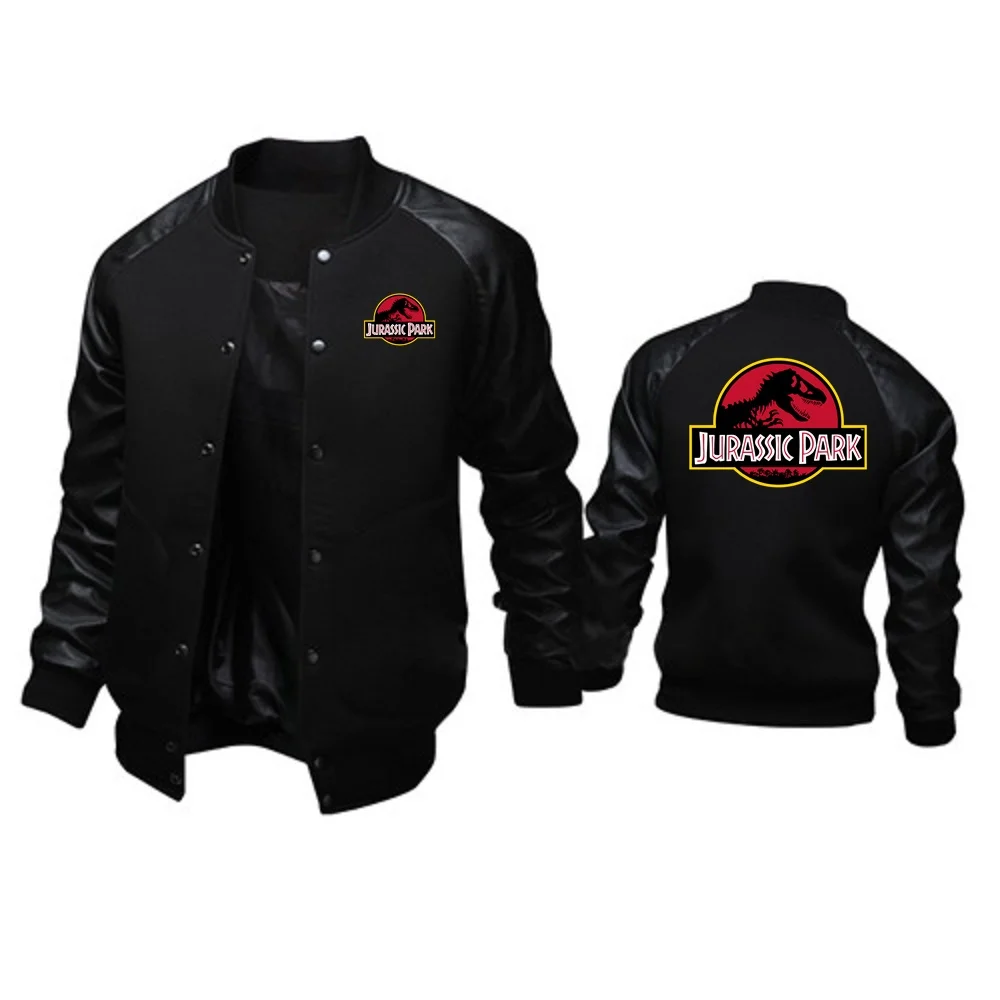 Youth Men's Baseball Coats Patchwork PU Sleeve Stand Collar Jackets Outerwear JURASSIC PARK Dinosaur World Graphic Men Jacket 3