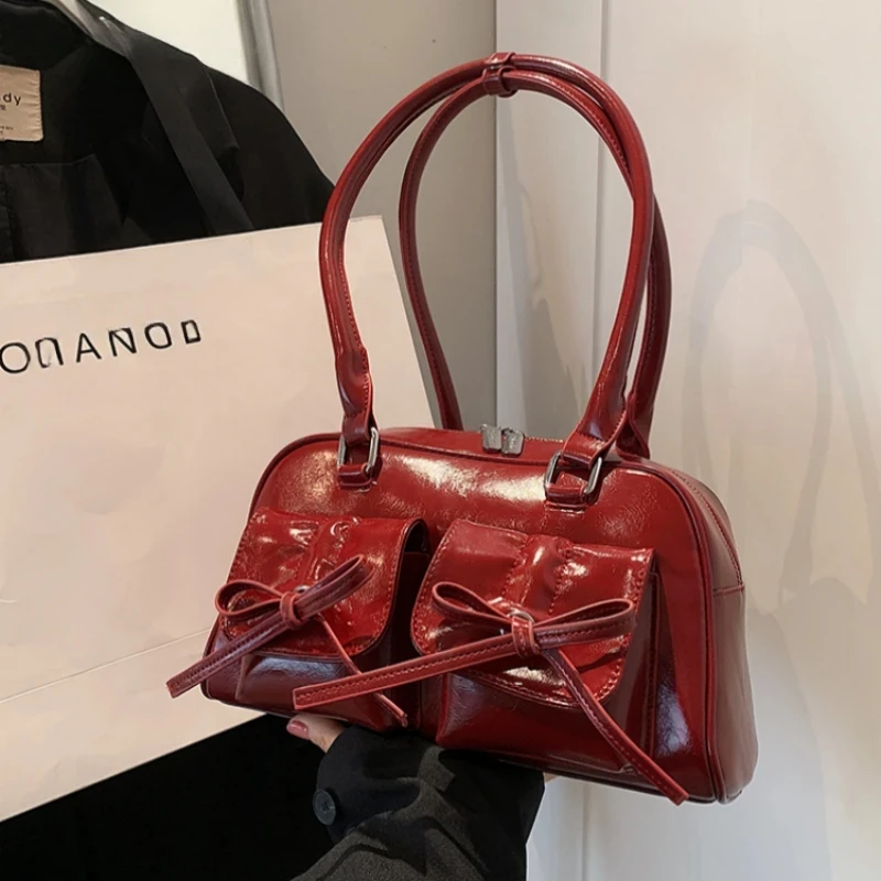 

Y2K стильные сумки через плечо для женщин, однотонная вместительная мини-сумка Бостон под плечо, 2024, роскошная дизайнерская сумка