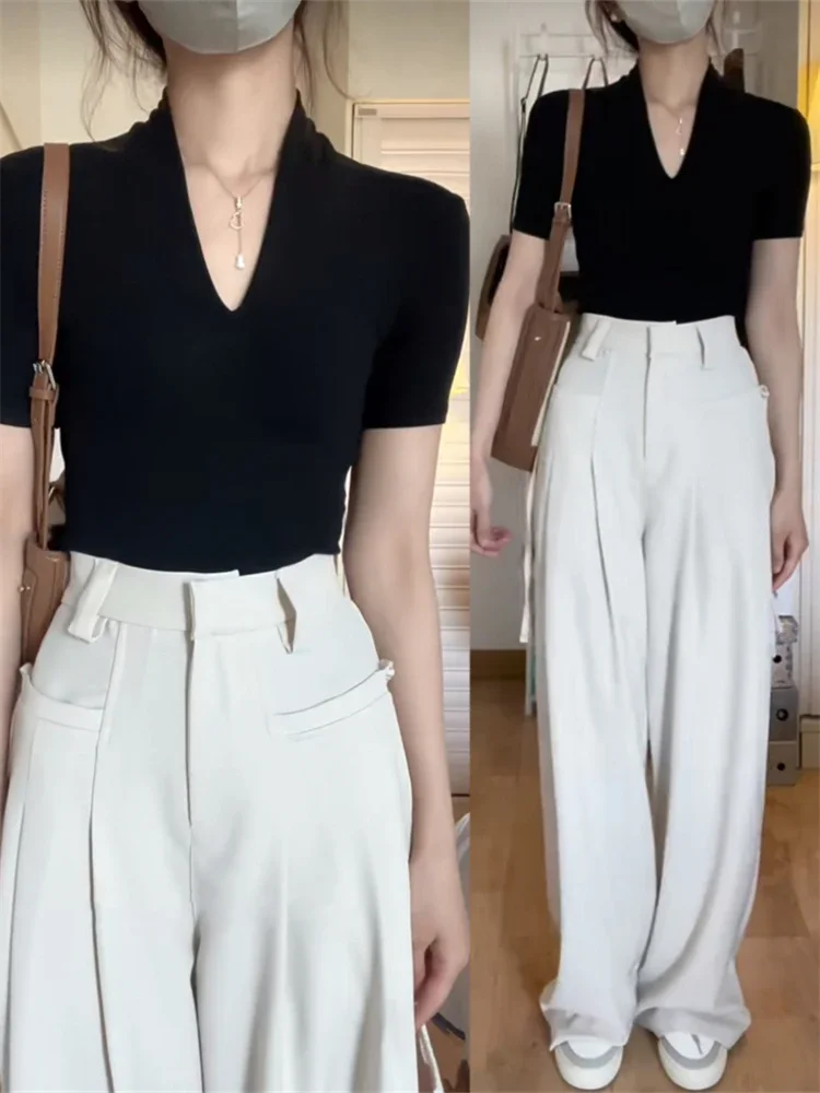 2023 Oversize Plaid Girls Summer Blouse Women Suit Short Sleeves Shirt Tops High Waist Wide Leg Trousers Two Piece Shorts Suits