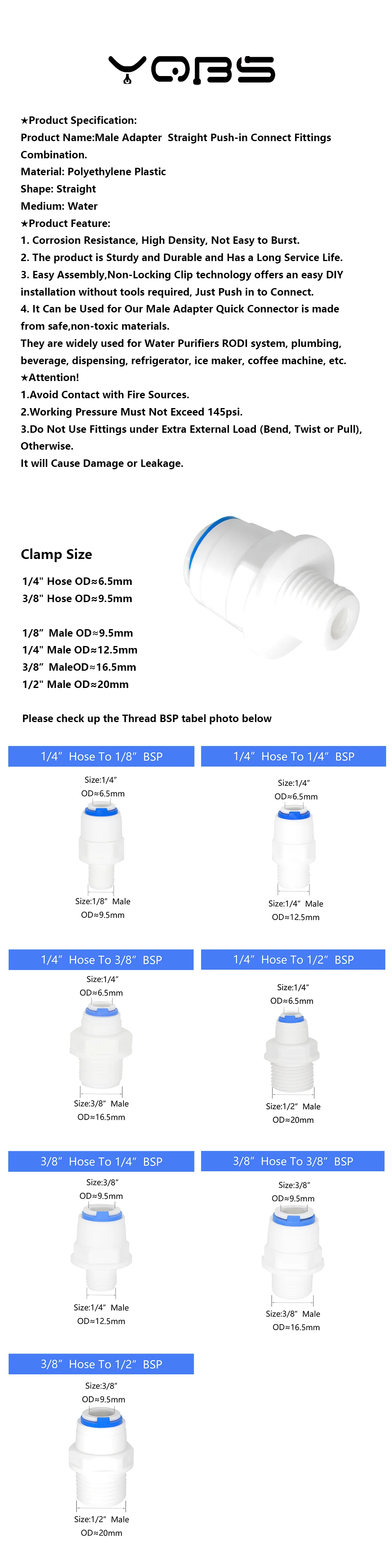 YQBS 1/4 Zoll 3/8 Zoll Wasserfilter-Schnellverbinder auf 1/2 Zoll 3/4 Zoll Außengewinde/Innengewinde, gerader Anschluss, RO-Wasserfilteranschluss – Detail 1