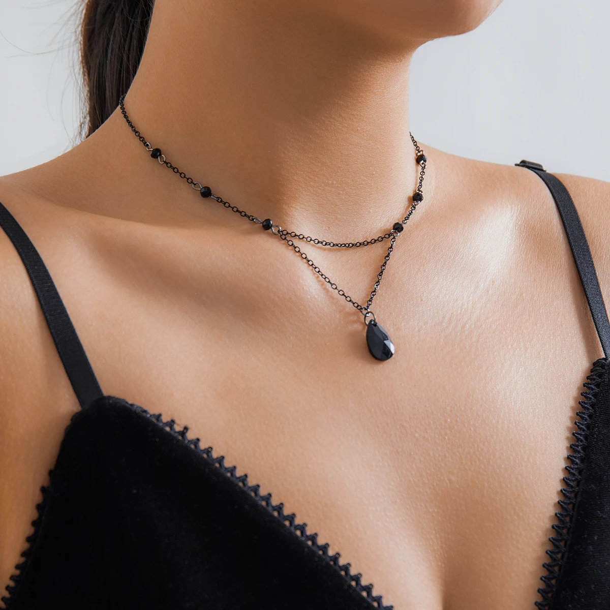 Ingemark mehr schicht ige schwarze Wasser tropfen Kristall Anhänger Choker Halskette Frauen Kragen Vintage Link Choker Y2k Schmuck Zubehör – Detail 17