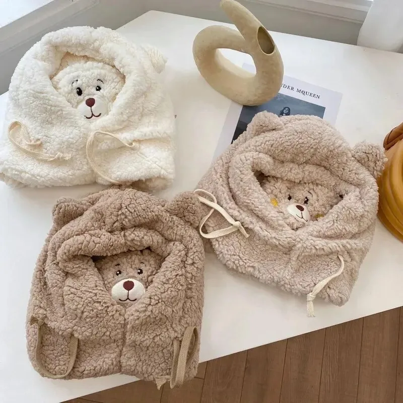 Bear Scarf Hat Mask All-in-one Female Winter Lambswool Hooded Mask Scarf Riding Plush