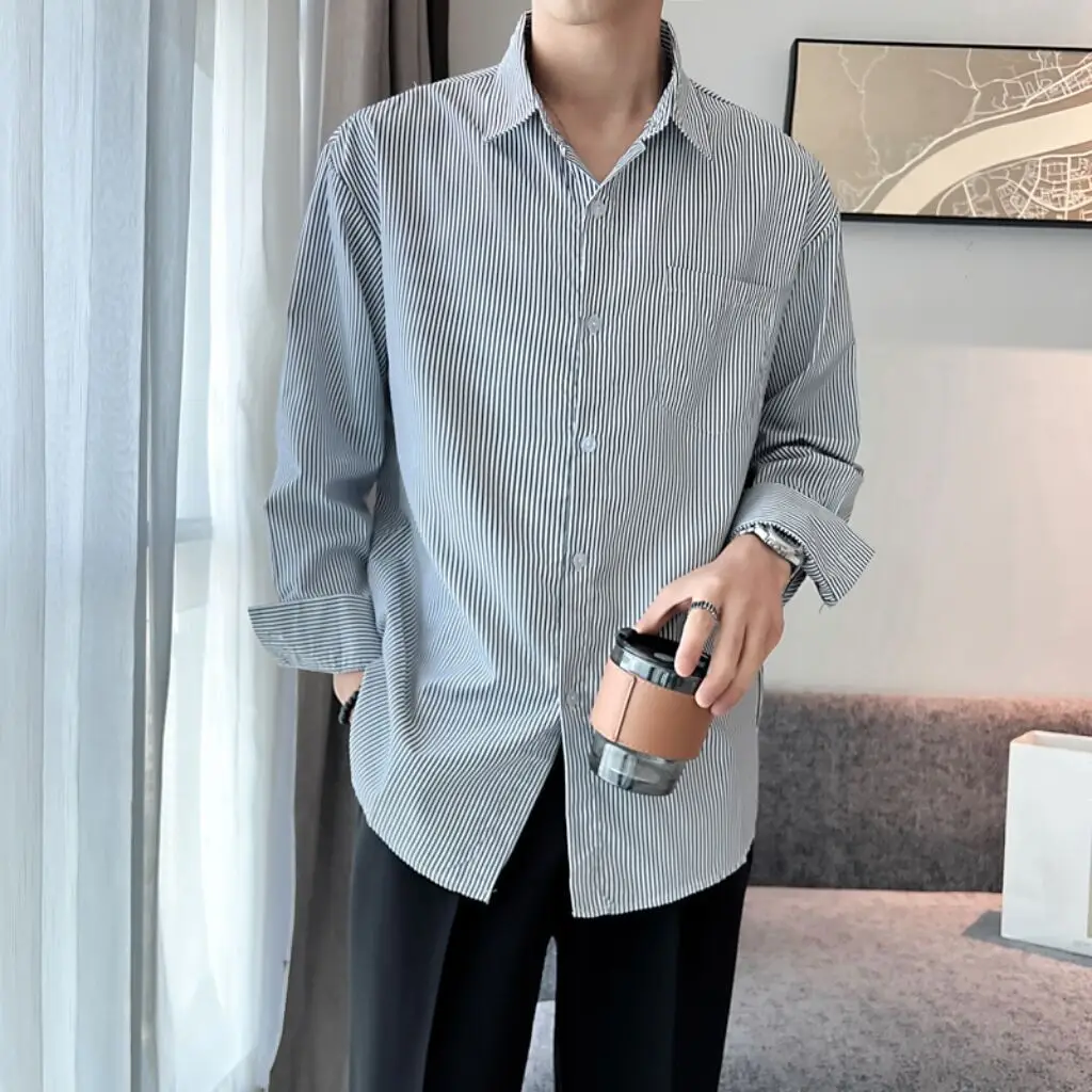 2023 Striped Shirt Men's Long Sleeves Hong Kong Style Casual Thin Loose Coat Fashion Trend High-end Vertical Shirt Clothes