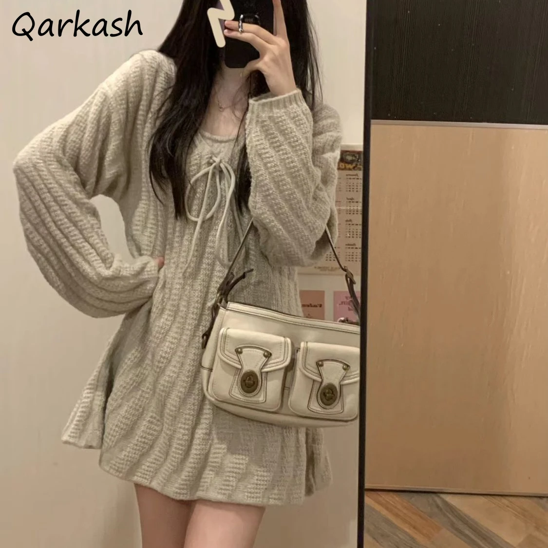 

Long Sleeve Mini Dresses Women Knitted Lace-up Solid Flattering Waist A-line Gentle Sweet All-match Square Collar Simple Soft