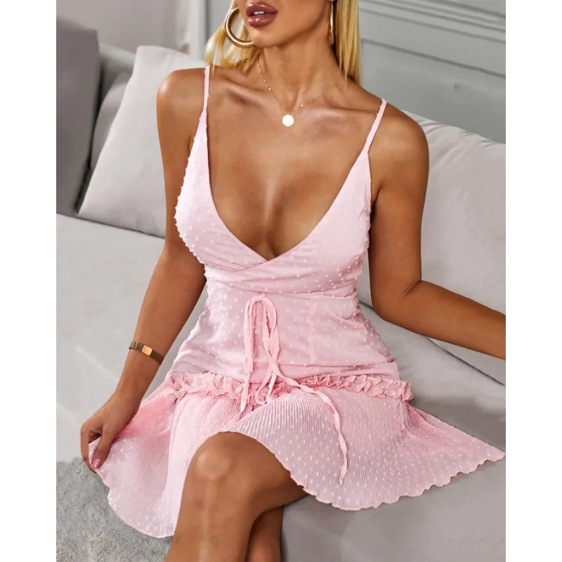 

Женское однотонное платье на бретельках с V-образным вырезом, новинка весны-лета 2024, шифоновое платье, женское плиссированное платье без рукавов на шнуровке