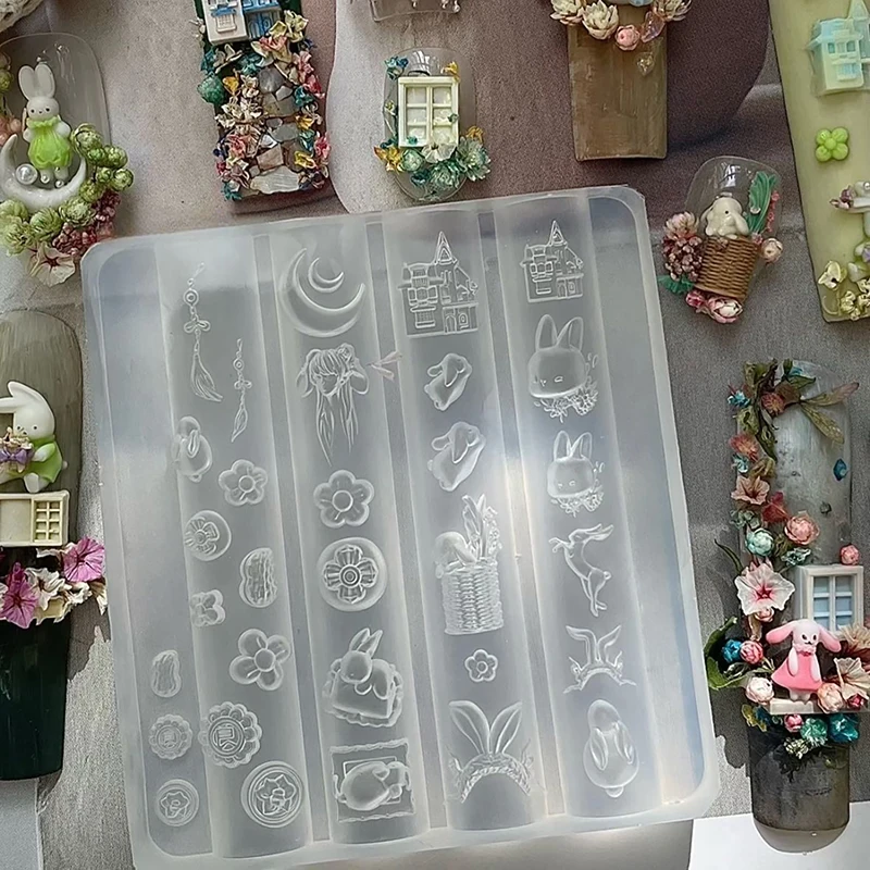 **1PC 귀여운 네일 몰드 실리콘 토끼 파라다이스 문 캐슬 아트 우아한 유화 스타일 네일 입체 템플릿 몰드**