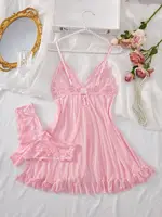 Ensemble de Lingerie Sexy pour femmes, soutien-gorge érotique, chemise de nuit, vêtements de nuit en dentelle, couleur unie, Slim, robes douces, col en V, Slip complet, vêtements de nuit et robes 2