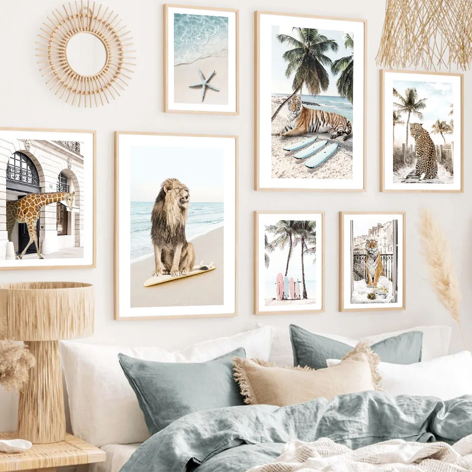

Beach Surf Lion Tiger Leopard Starfish Palm Tree Nordic Poster Wall Art Prints Canvas Painting Decor Pictures For Living Room