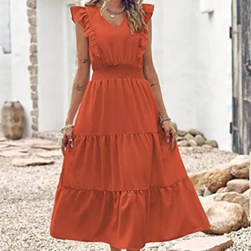 

Женское плиссированное платье до середины икры, однотонное платье без рукавов с V-образным вырезом и оборками по краям, лето 2023