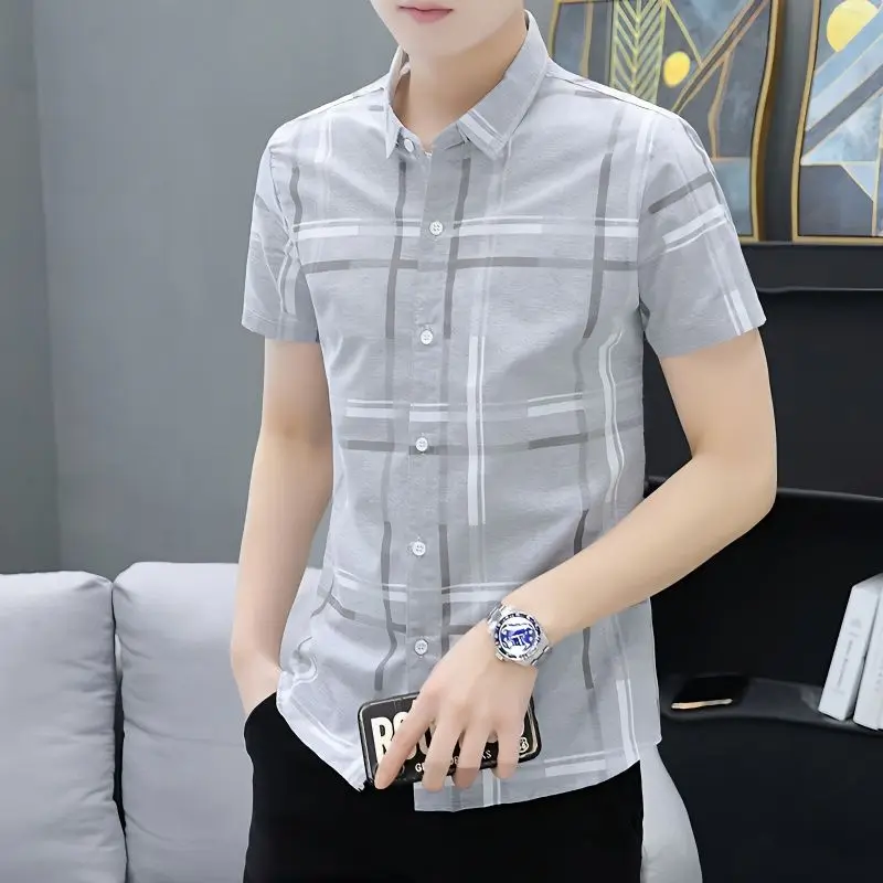 

Male Top Plaid Short Sleeve Business for Office Clothes Dress Shirt Men's Blouse Formal Cheap Brand Korean Style Casual Original