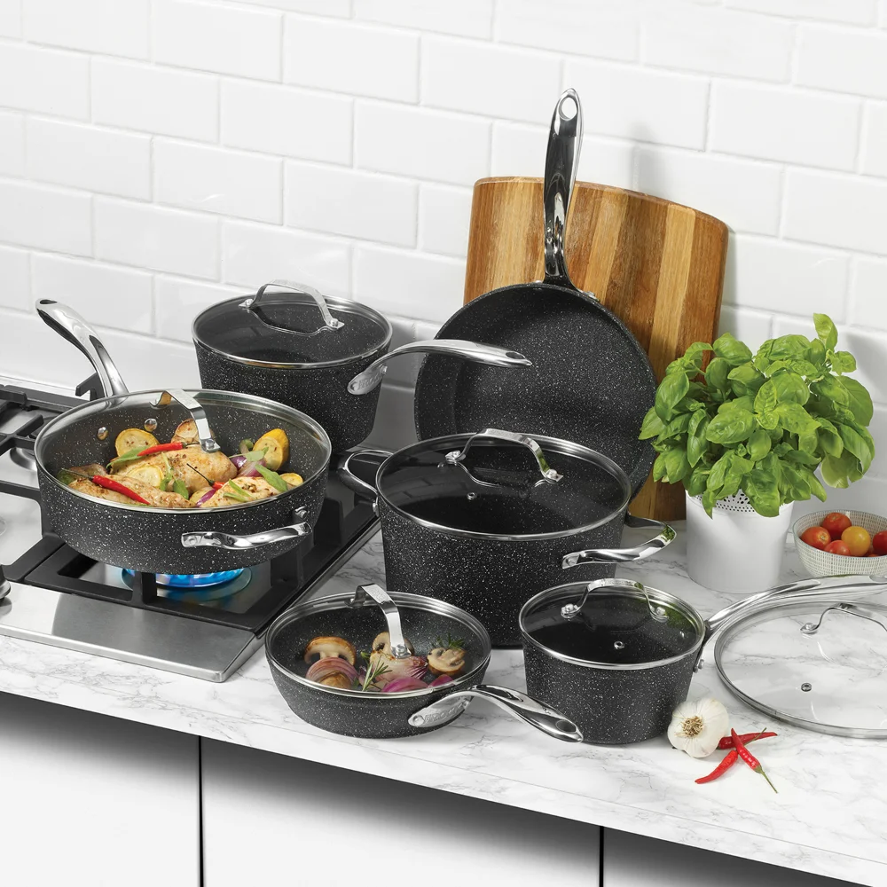 THE ROCK by Starfrit 10-Piece Cookware Set with Stainless Steel Handles,  Black