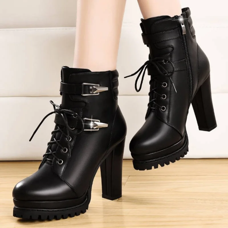 Fashion Motorcycle Leather Boots Women High Heel Zipper Short Boots Casual Thick-Soled Cross-Strap Black Ankle Boots New