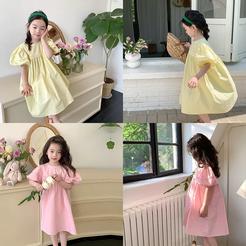 Summer 2-7 Year Korean Baby Girls Dress Puff Short Sleeve Solid Color Princess Children Girls Dress Draped Kid
