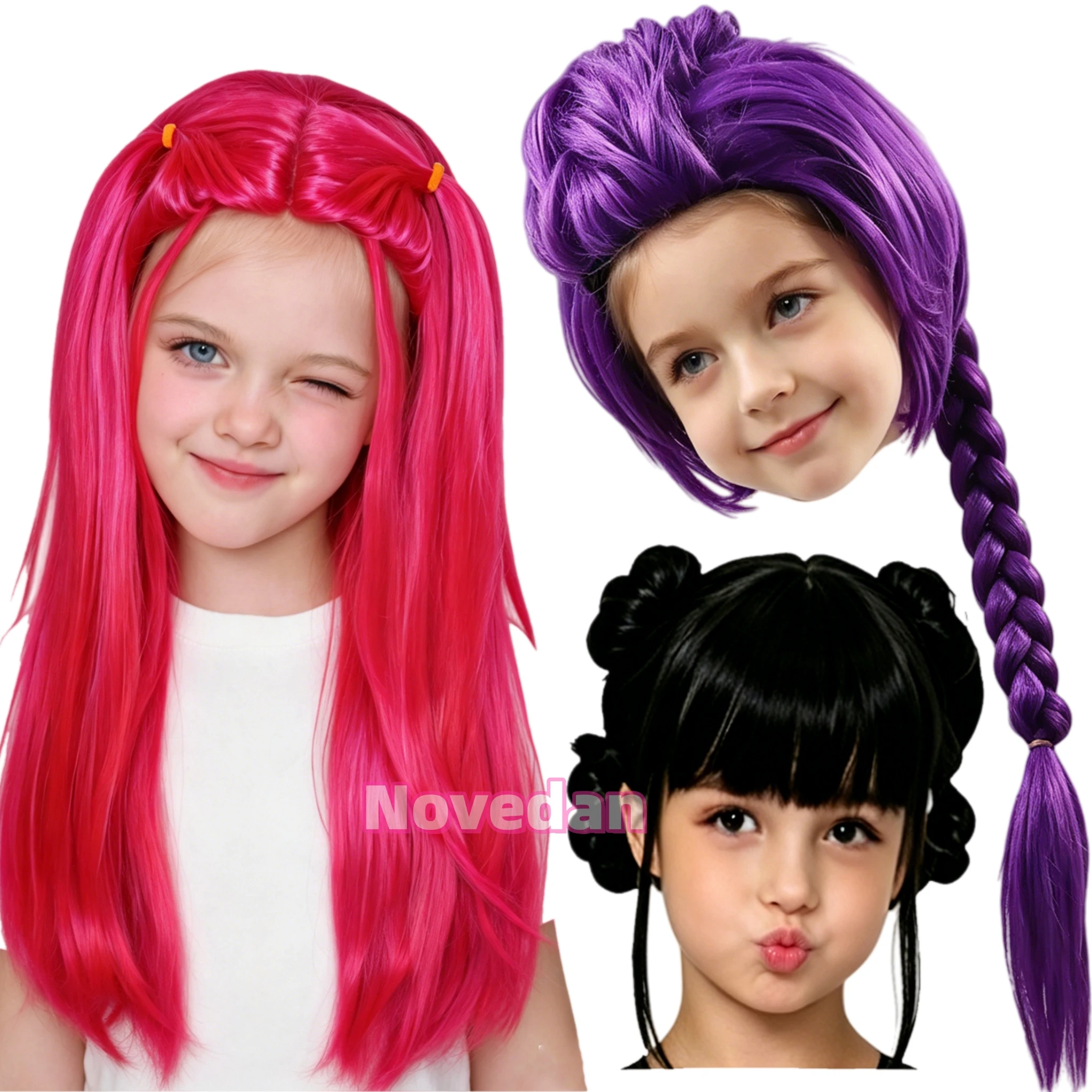 Parrucca Sintetica Lunga Viola con Treccia e Coda di Cavallo, Chignon Nero, per Cosplay di Cantanti, Idoli, Demoni, Bambini, Ragazze, Feste, Halloween