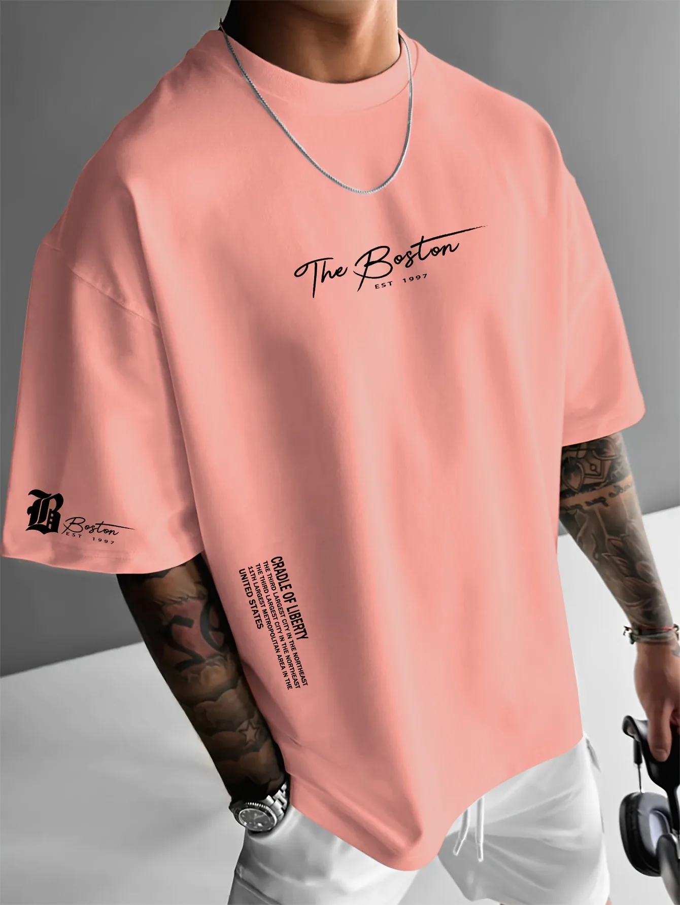 Men's Casual Fashion Kid T-Shirt 3D Print, Boston Slogan Letter, Crew Neck Pullover Polyester Summer Daily Outdoor Sports Casual