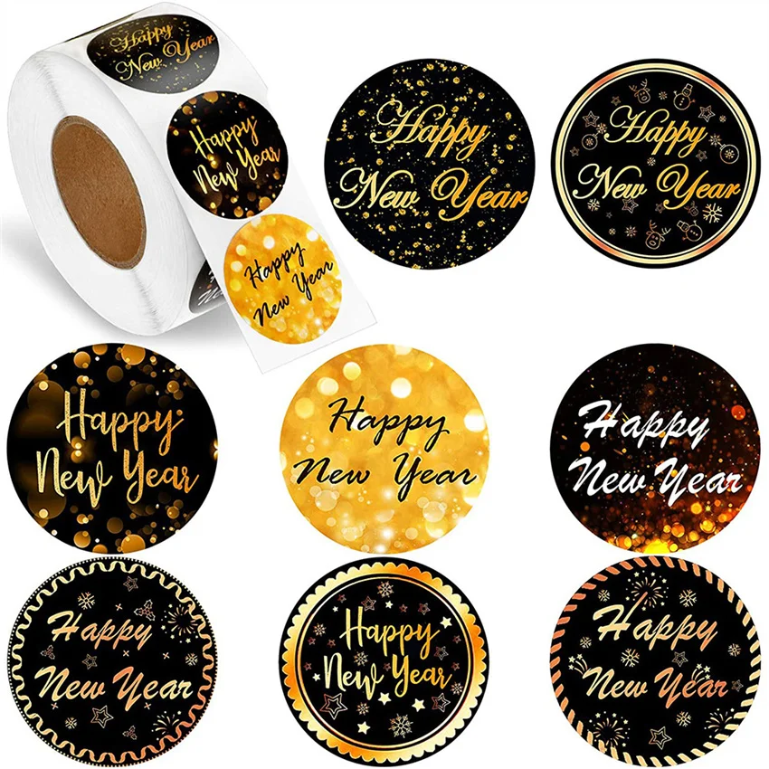 

100-500pcs Happy New Year Stickers 8 Designs 1.5'' Round Black Gold Labels Stickers for Christmas Gift Cards Envelopes Boxes