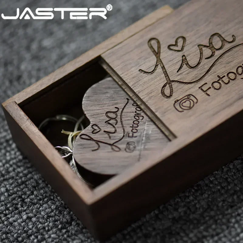 JASTER Free Custom Logo Walnut Wooden Heart + Gift Box USB Flash Drive 8GB-64GB Memory Stick U Disk
