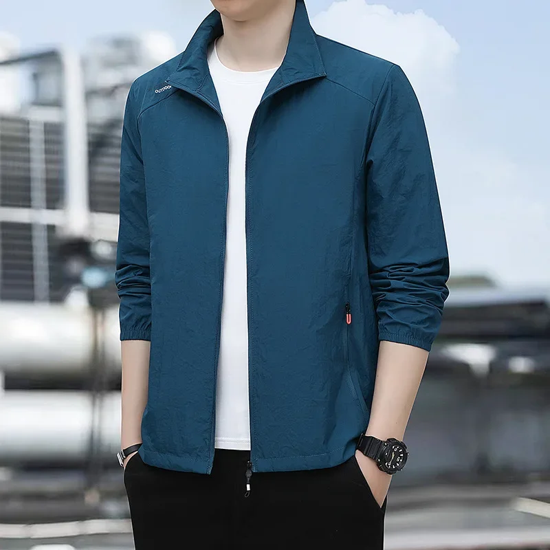 Ultra-thin Breathable Ice Silk Windbreaker Summer Men Fishing Sun Protection Clothing Man Casual Stand Up Collar Cardigan Jacket
