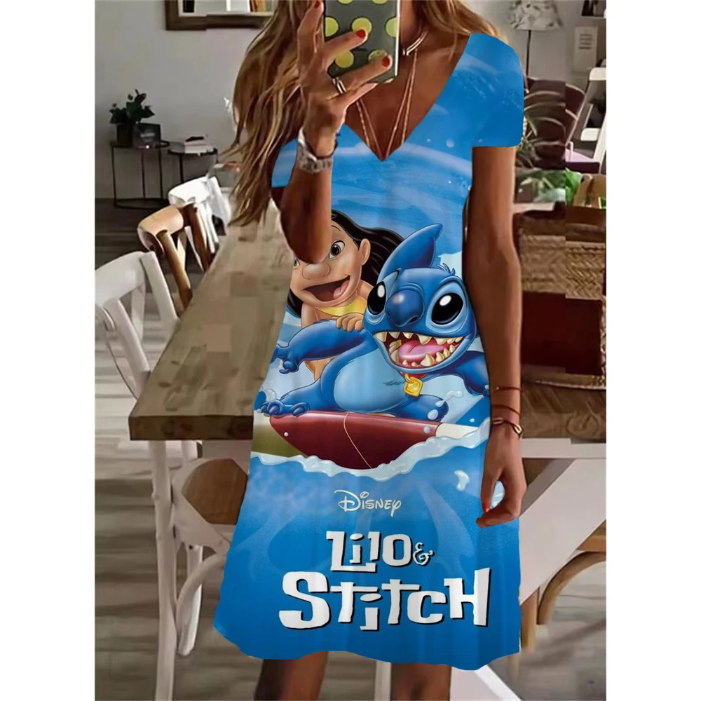 thumbnail image 1 of Nuevos vestidos cortos sexis de verano para fiesta para mujer, vestido con cuello en V y estampado de Lilo y Stitch de Disney, vestido hasta la rodilla de manga corta para tallas XS-5XL, 1 of 5