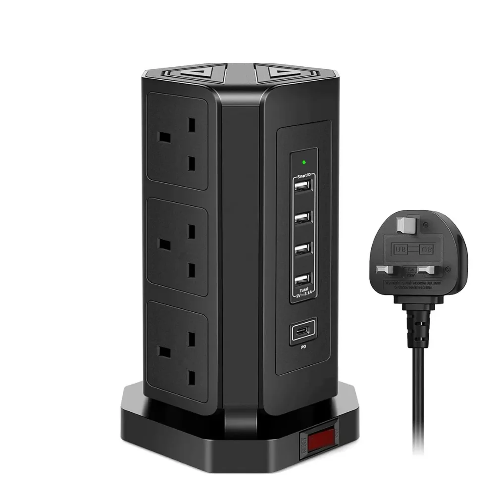 Tower Power Strip Surge Protector UK ปลั๊กปลั๊กแนวตั้ง USB ชาร์จพอร์ต