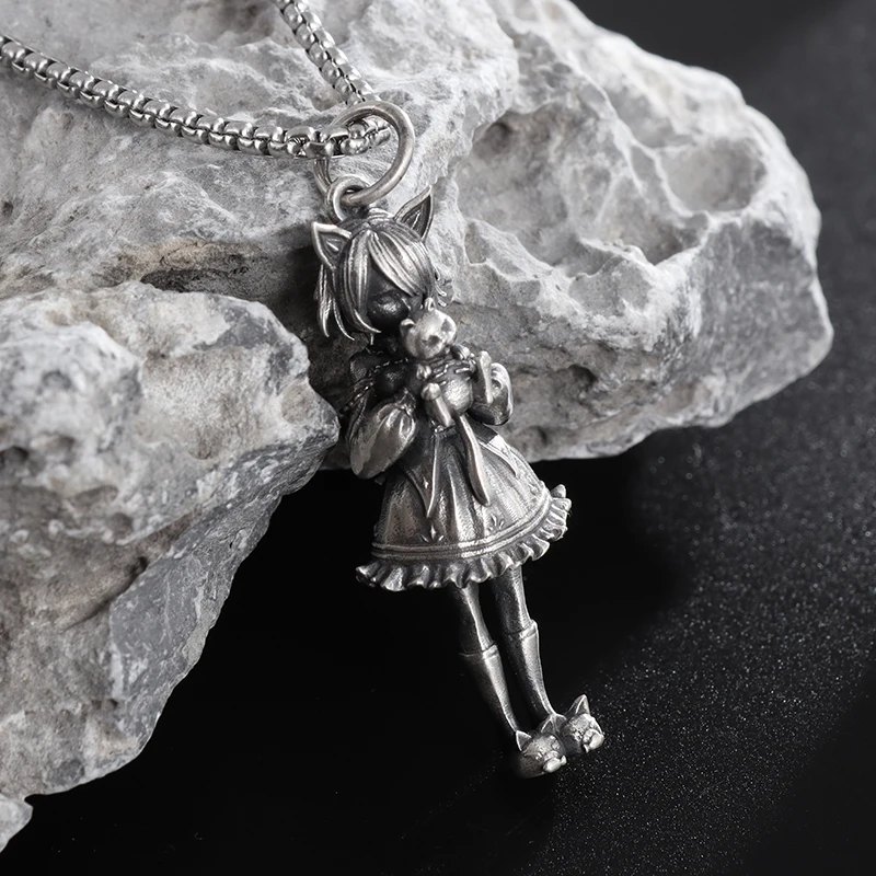 Cute Girl Holding A Cat Pendant Role-Playing Class Cartoon Beautiful Girl Necklace Lady Fashion Charm Jewelry Couple Gift
