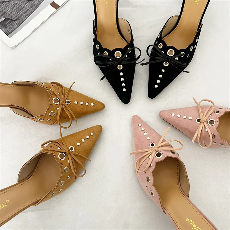 

Pink High Heels Slippers 7cm Pointed Toe Stiletto Women Black Bow Summer Office Shoes Leisure Ladies Heels Zapatos De Mujer