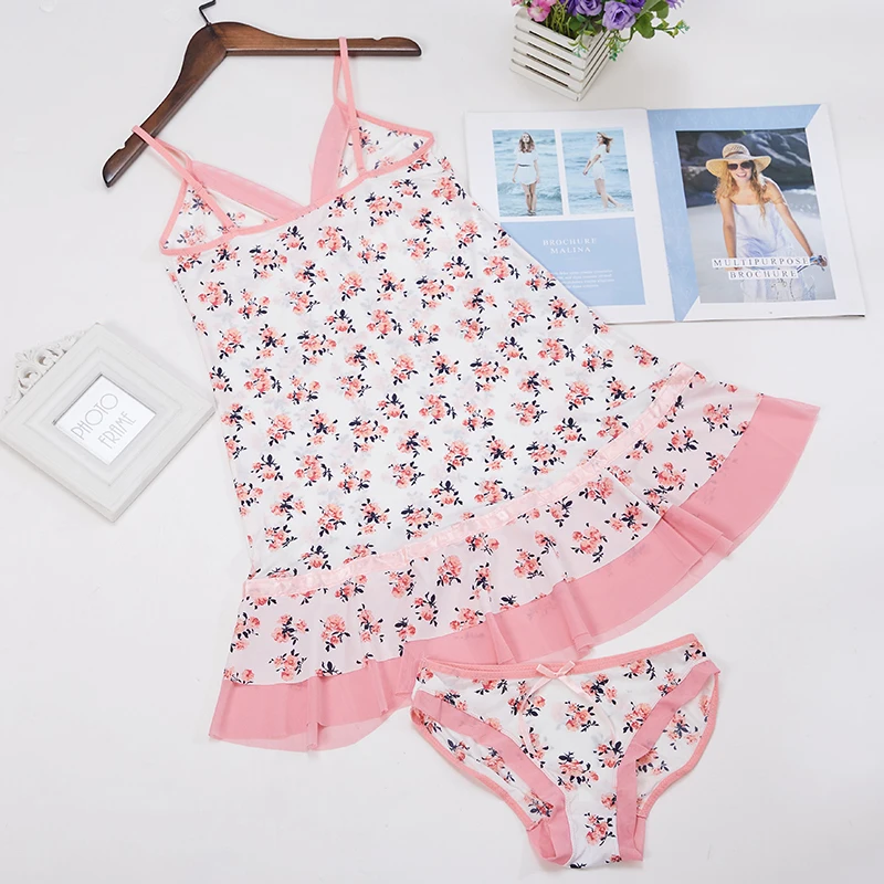 Sling mesh floral nightgown ice silk women spring and summer Korean and Japanese version large size thin printed two-piece nightgown