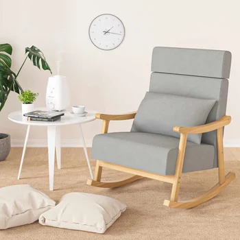 Gray Nursery Rocking Chair Cushion Rocking Chair with Solid Wood Base Lounge Chair with Pillow Armrest for Living Room Bedroom