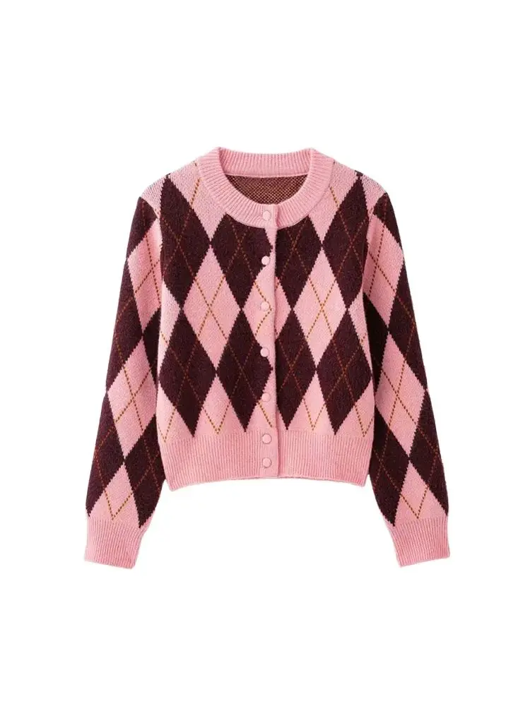 Women's Argyle Jacquard Knit Cardigan Sweater