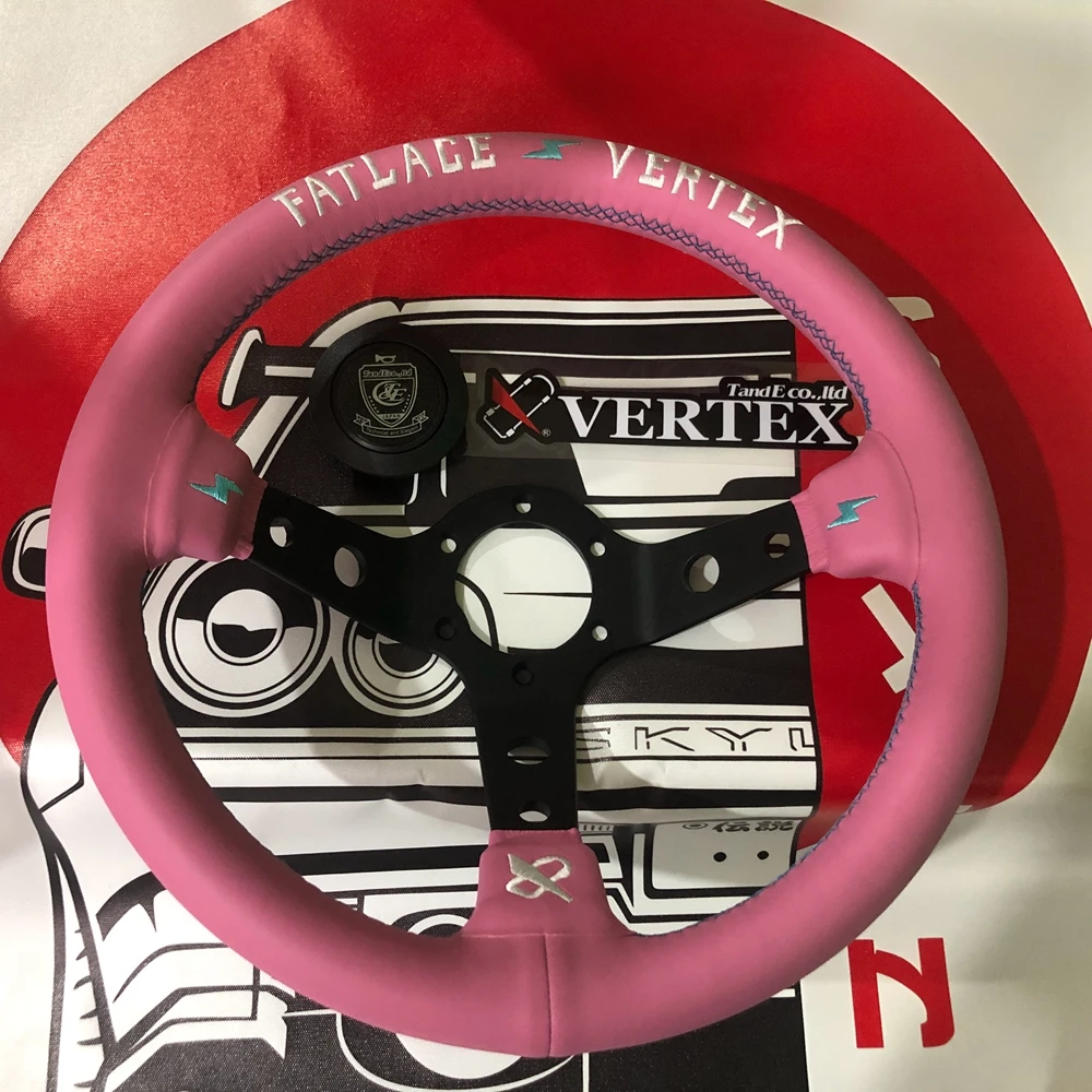 

Pink 13Inch Universal Rally Drift Racing Vertex Fatlace Steering Wheel JDM Deep Corn Sport Game Leather VERTEX Steering Wheel