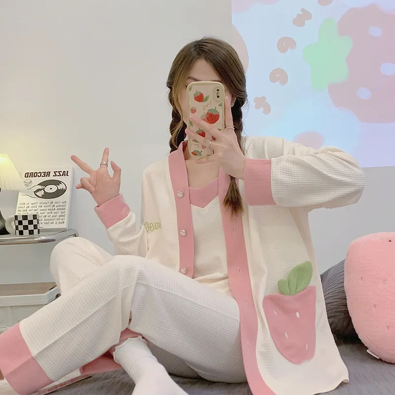 

100% Cotton Woman 3 Pieces Pajamas Sets Sleepwear Womens Long Pants Long Sleeved Spring Autumn Loungewear Home Clothing Homewear