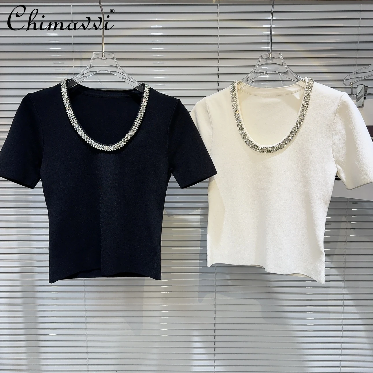 

Spring Summer New Fashion Rhinestone Collar Edge Hot Girl Short Sleeve Knitted T-shirt Slim Round Neck Elegant Women's Tees Tops