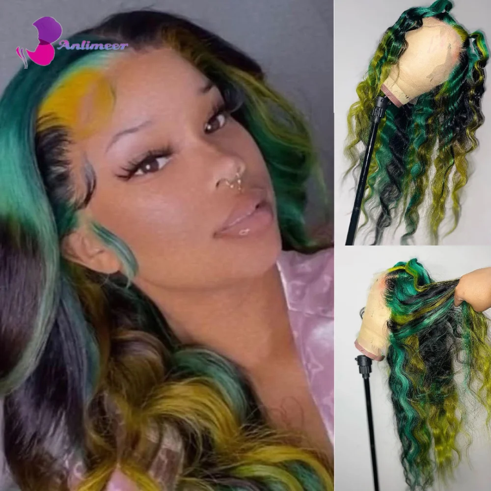 Rainbow Wig Ombre Green Blue Lace Front Wig 100% Brazilian Deep Wave Virgin Human hair Wig Colorful Wig for Black Women