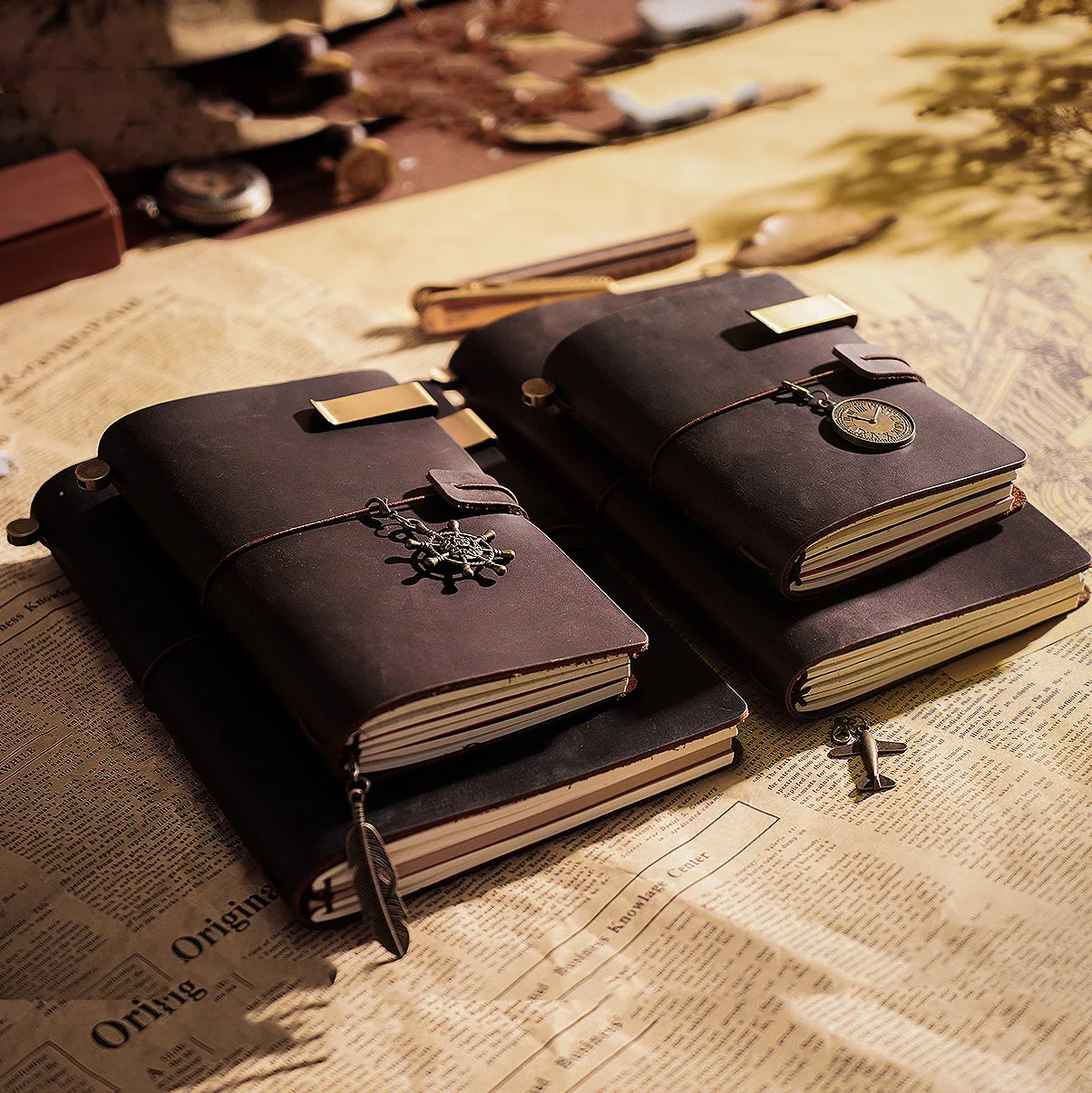 Vintage Refillable Crazy Horse Leather Travel Journal with Antique Metal Charms and Elastic Closure