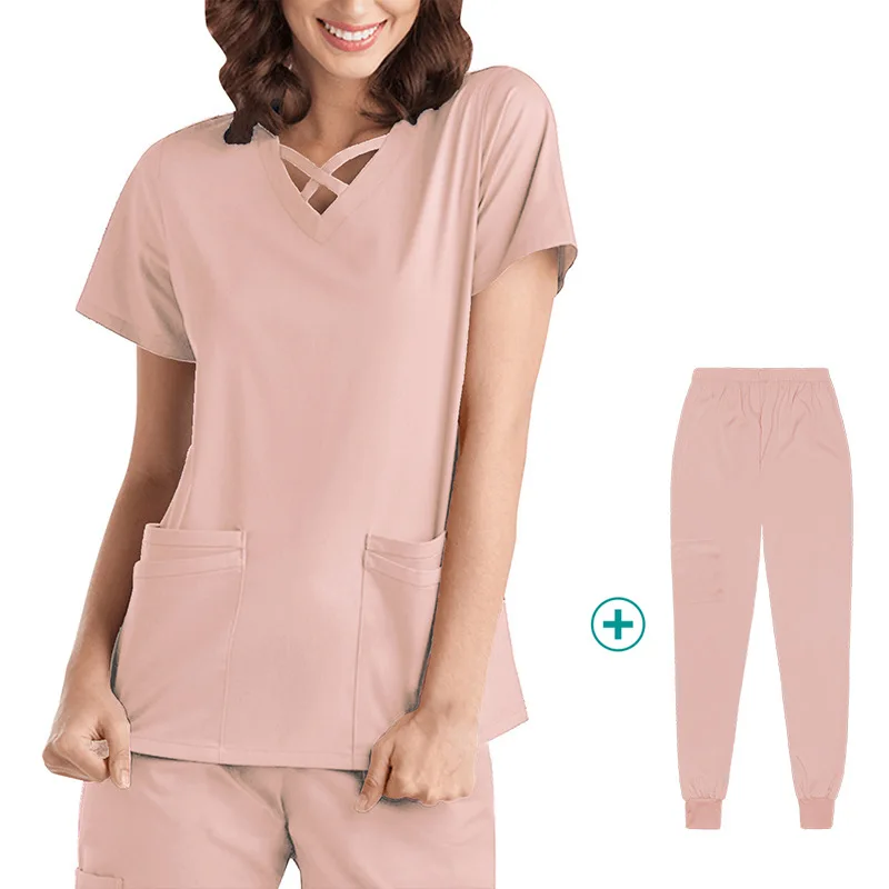 Women Scrubs Uniform Stretch Jogger Sets V Neck Top+Elastic Pants