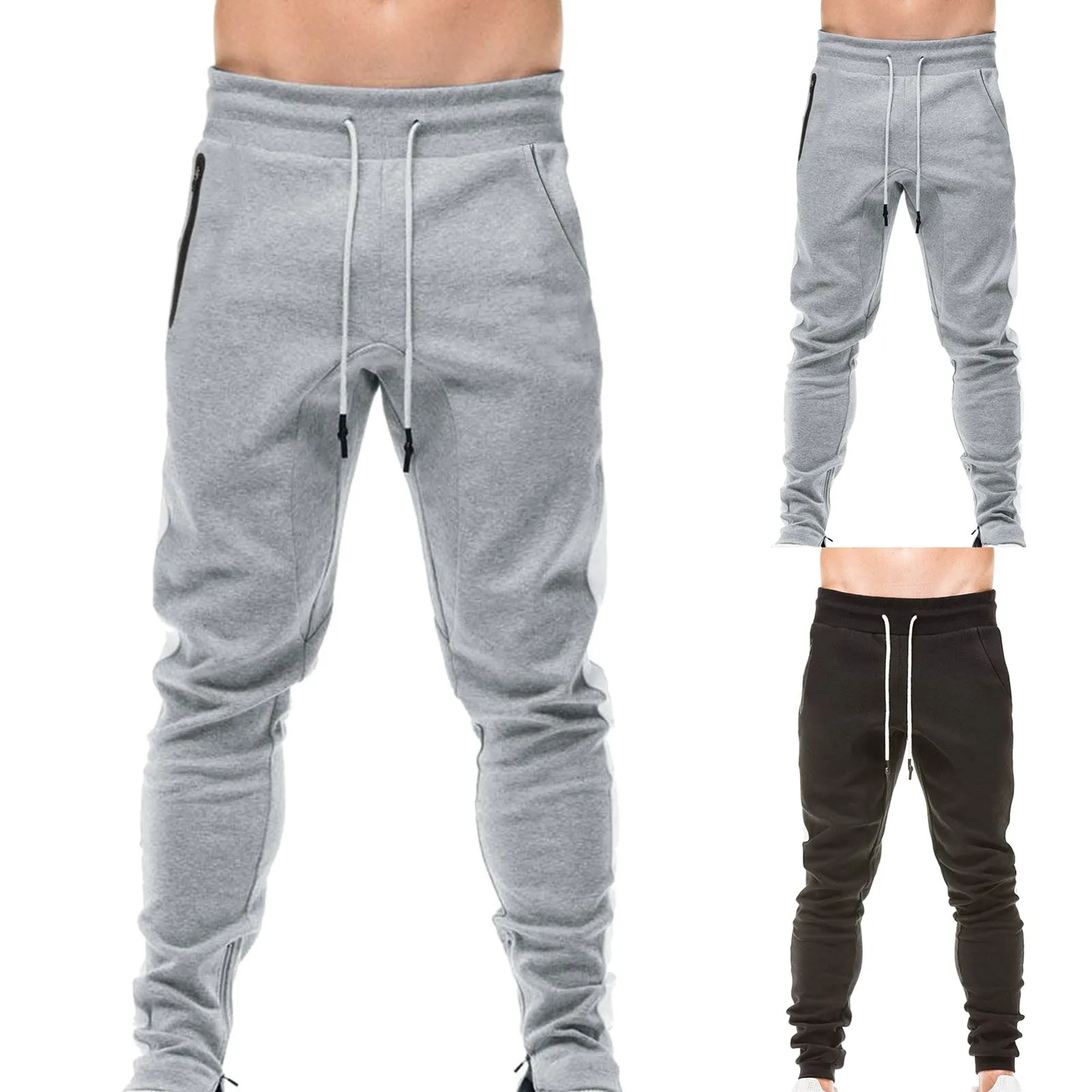 gray sweatpants Men's Fitness Pants Casual Mid Waisted Sweatpants Trousers Zipper Pocket Color Block Jogging Sports Tracksuit Pants grey sweatpants