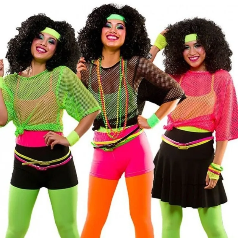 Women Neon 80s Dance Party Top Fishnet Mesh Shirt 1980s Party Costume 2