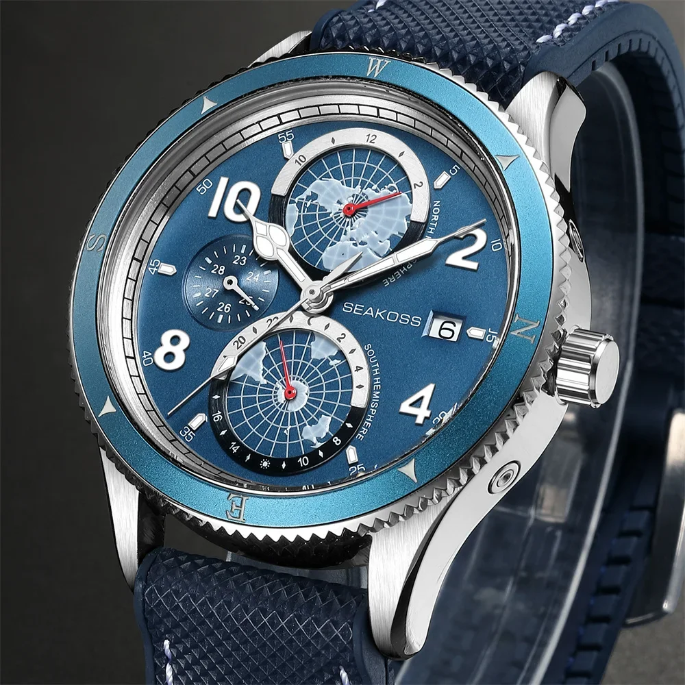

Super Luminous Men's Earth Automatic Mechanical Watch 100m Waterproof Calendar 3 Eyes Six Needles Brand SEAKOSS Men Watches