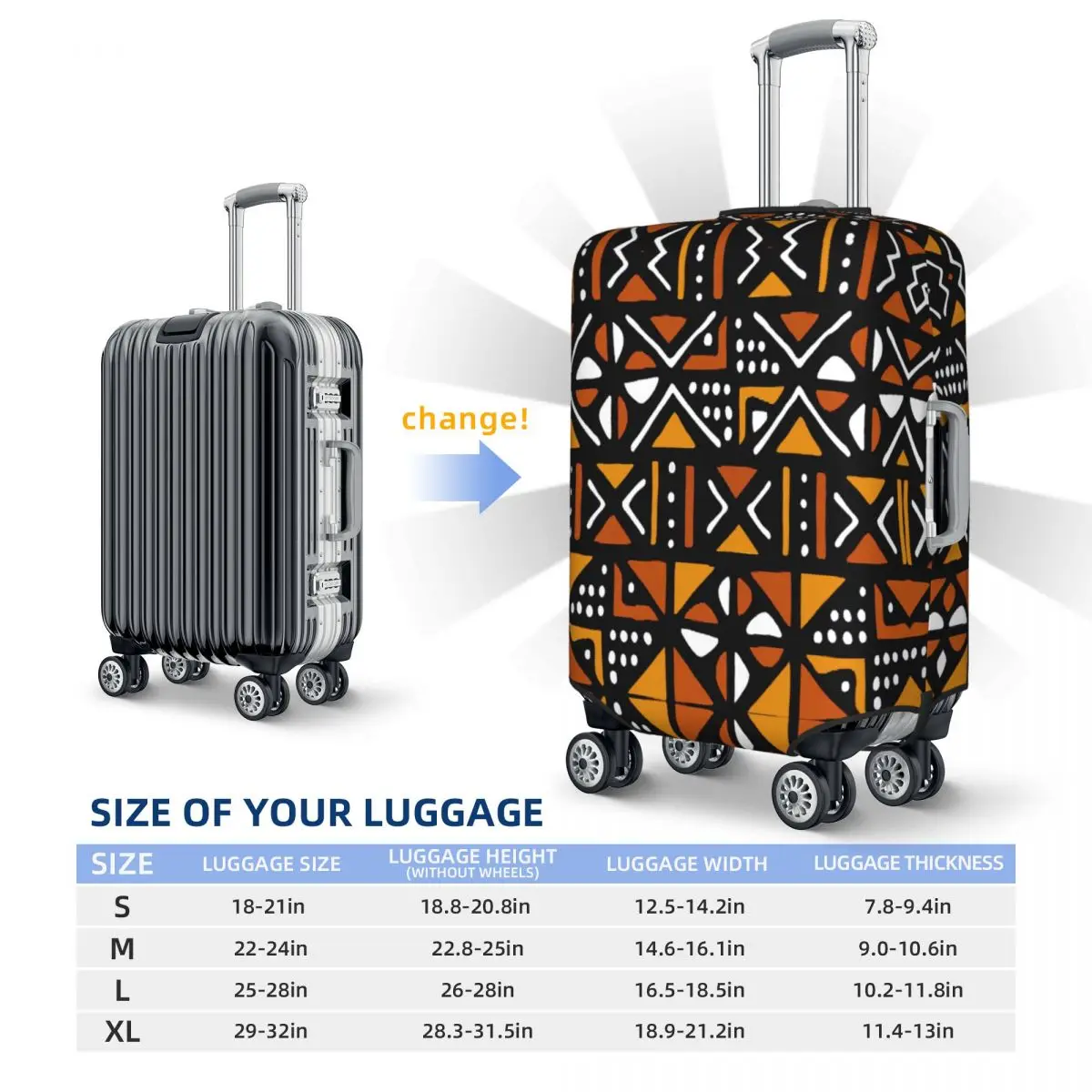 Orange Bogolan African pattern luggage cover protector Africa ethnic tribal art travel suitcase protective cover for 18-32 Inch