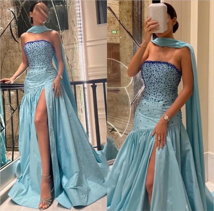 

Strapless Evening Dress for Women Watteau Train Beadings High Side Split Wedding Party Dress gala Saudi Arabia Women‘s Formal