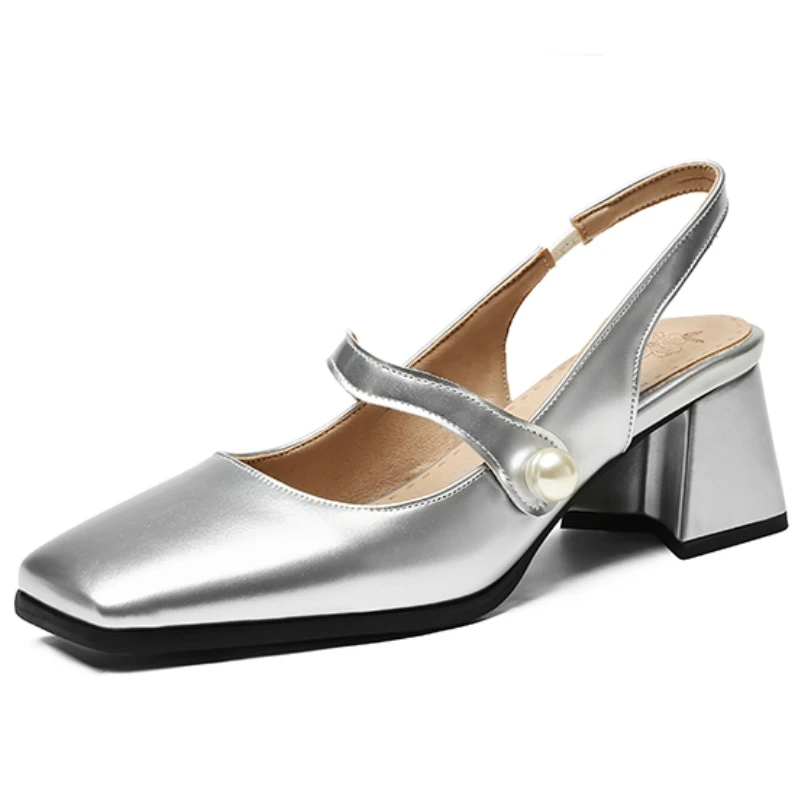 Elegant Slingback Sandals Women Summer Shoes Pink Black Silver Medium Heels Close Toe Office Party Shoes Female Large Size 45